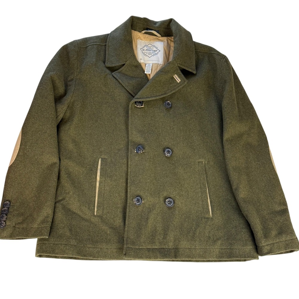 Wool Blend Pea Coat Olive Green Elbow Patches Classic Fit Mens XXL Herringbone